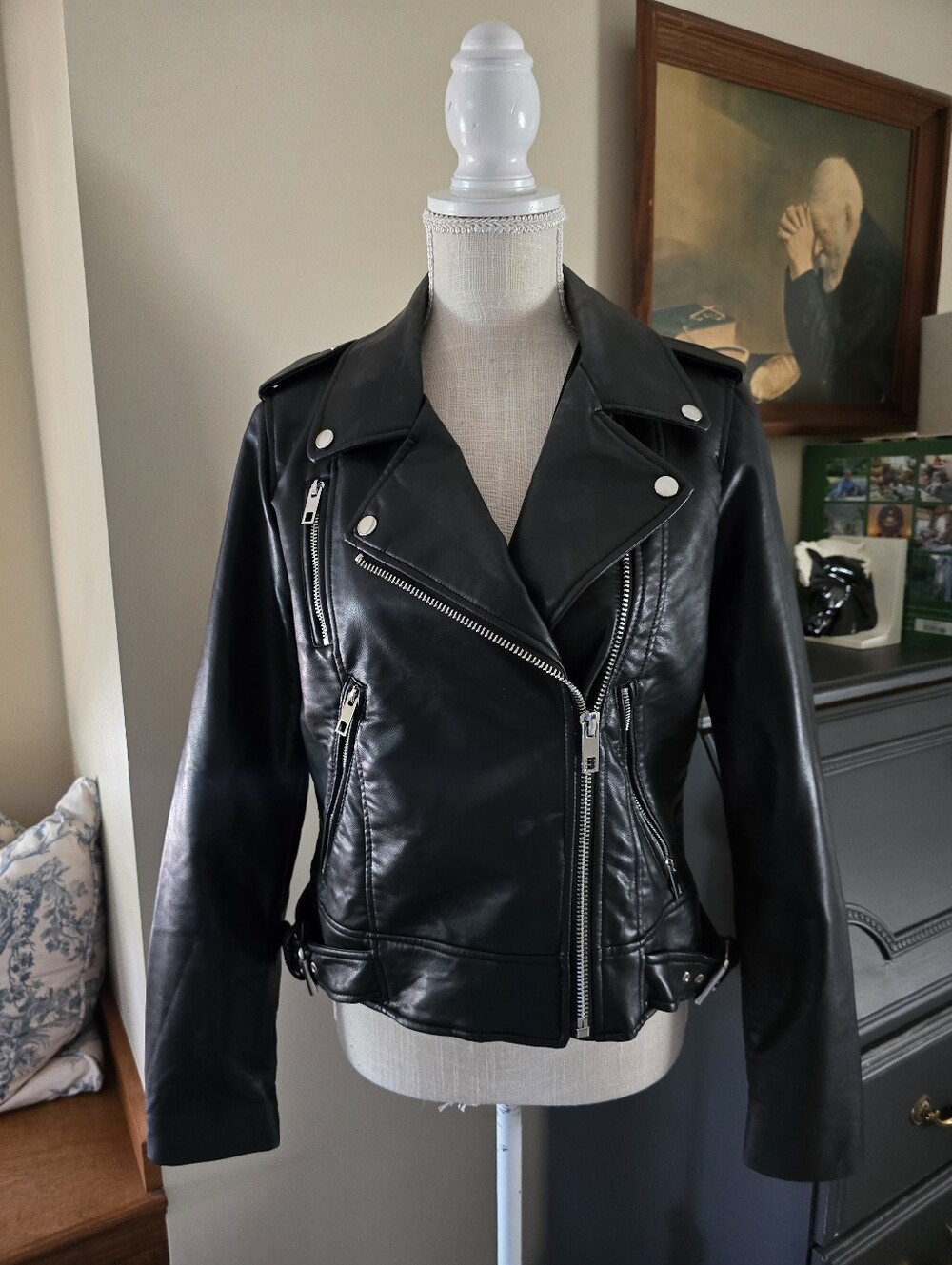 Zara Size Large Black Faux Leather Short Biker Jacket